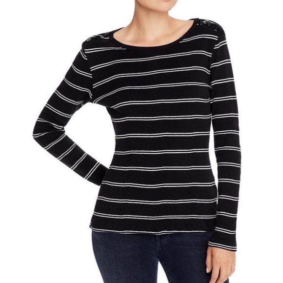 Frame Tops - Frame Edie Button Shoulder Detail Black Stripe Ribbed Long Sleeve Top